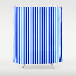 [ Thumbnail: Light Cyan, Blue & Sky Blue Colored Striped/Lined Pattern Shower Curtain ]
