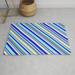 [ Thumbnail: Aquamarine, Grey, Beige & Blue Colored Pattern of Stripes Rug ]
