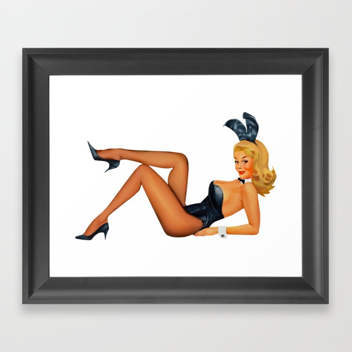 Sexy Pinup Girl Blonde Hair Black Dress Collant Smocking Rabbit Framed Art Print