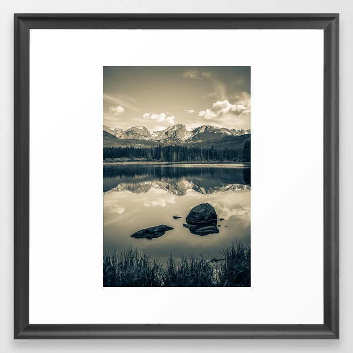 Sepia Rocky Mountain Morning Reflections - Estes Park Colorado Framed Art Print