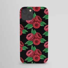 Three raspberries on a branch patern black background iPhone Case