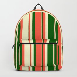 [ Thumbnail: Red, Light Yellow & Dark Green Colored Stripes Pattern Backpack ]