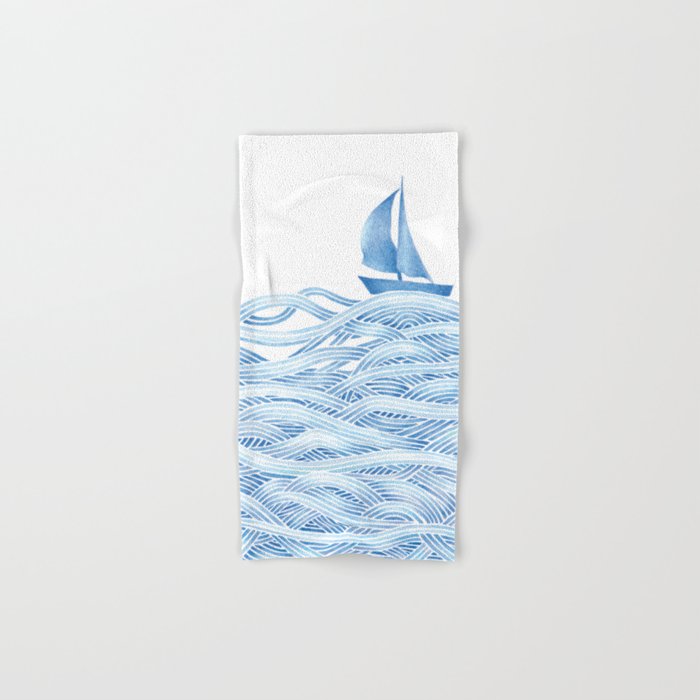 Blue sailboat, watercolor nautical ocean waves sea Hand & Bath Towel