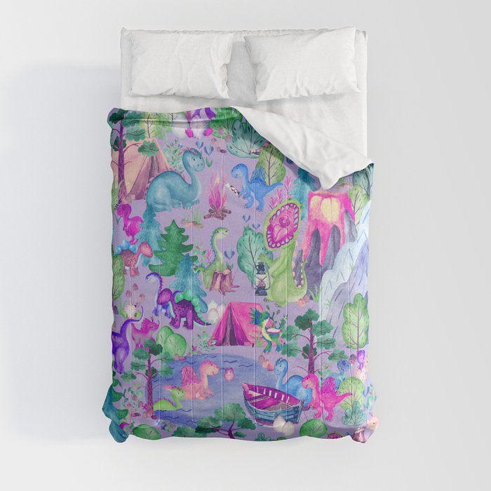 Watercolor Dinosaur Camping Kids Pink Purple Comforter