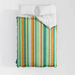 [ Thumbnail: Green, Dark Cyan, Dark Orange, and Beige Colored Stripes Pattern Comforter ]