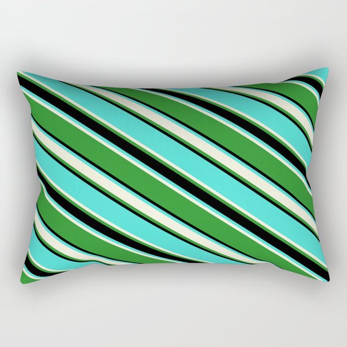 Turquoise, Beige, Forest Green, and Black Colored Lined Pattern Rectangular Pillow