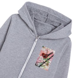 Red tanager bird on Cherry blossom  Kids Zip Hoodie