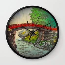 Vintage Japanese Woodblock Print Garden Red Bridge River Rapids Beautiful Green Forest Landscape Wall Clock
