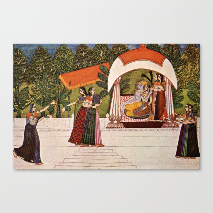 Indian Masterpiece: Krishna and Radha in a pavilion portrait painting Canvas Print