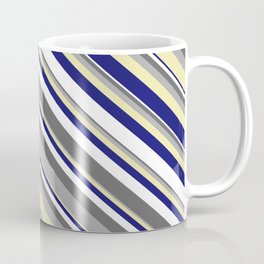 [ Thumbnail: Vibrant Dim Grey, Dark Gray, Pale Goldenrod, Midnight Blue, and White Colored Lined Pattern Coffee Mug ]