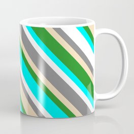 [ Thumbnail: Colorful Grey, Tan, Forest Green, Aqua & White Colored Pattern of Stripes Coffee Mug ]