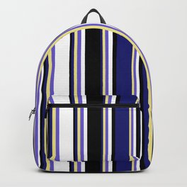 [ Thumbnail: Colorful Midnight Blue, Tan, Slate Blue, White, and Black Colored Lined/Striped Pattern Backpack ]