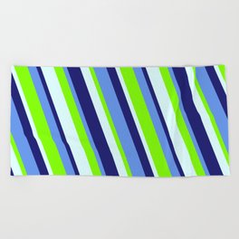 [ Thumbnail: Cornflower Blue, Chartreuse, Light Cyan, and Midnight Blue Colored Lined Pattern Beach Towel ]