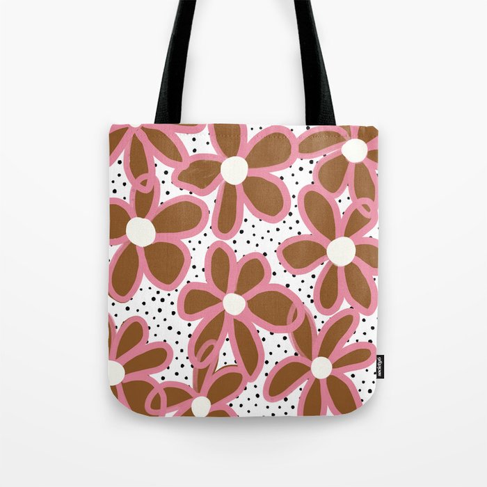 70s Groovy Flowers in Tan Brown and Pink Tote Bag