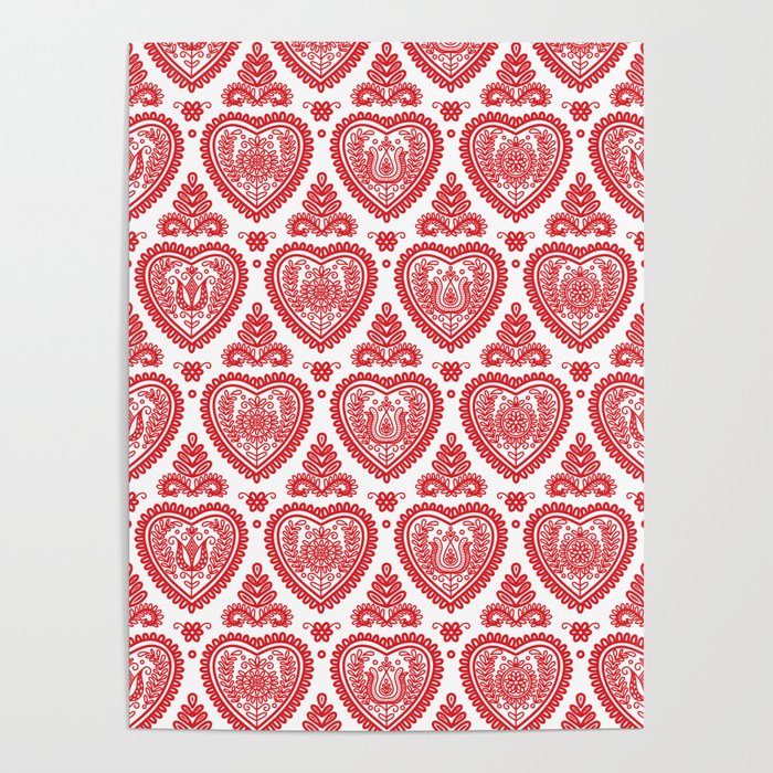 Red Folk Hearts Pattern Poster