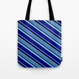 [ Thumbnail: Blue, Black, Dark Blue & Sky Blue Colored Pattern of Stripes Tote Bag ]