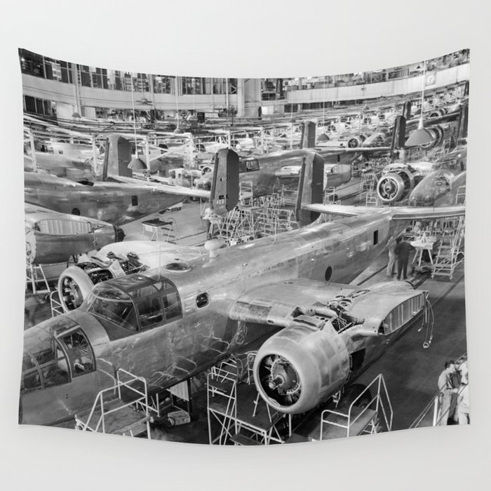 B-25 Bomber On Assembly Line - California WW2 1944 Wall Tapestry