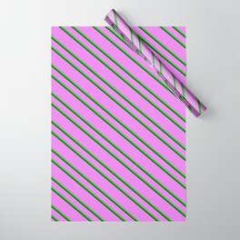 [ Thumbnail: Violet, Lime Green & Dark Green Colored Pattern of Stripes Wrapping Paper ]