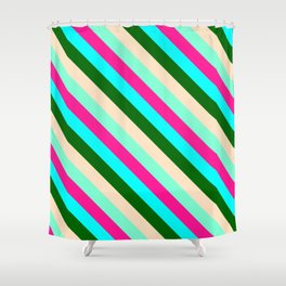 [ Thumbnail: Colorful Deep Pink, Cyan, Dark Green, Bisque, and Aquamarine Colored Striped/Lined Pattern Shower Curtain ]