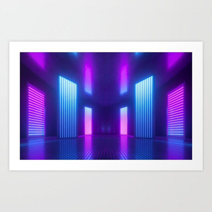 3d, blue pink violet neon abstract background, ultraviolet light, night club empty room interior, tunnel or corridor, glowing panels, fashion podium, performance stage decorations,  Art Print