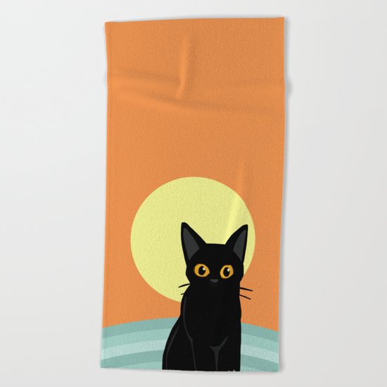 Sunset and cat Beach Towel
