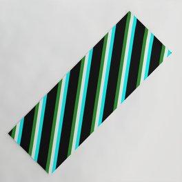[ Thumbnail: Forest Green, Mint Cream, Cyan & Black Colored Striped Pattern Yoga Mat ]
