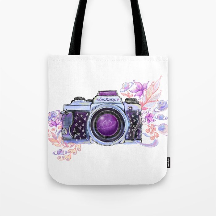 Galaxy camera with flowers and planets Tote Bag