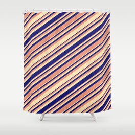 [ Thumbnail: Dark Salmon, Beige, and Midnight Blue Colored Pattern of Stripes Shower Curtain ]