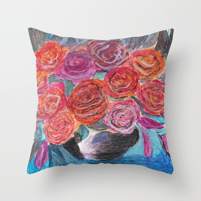 Red Roses in Black Bowl Throw Pillow