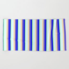 [ Thumbnail: Eye-catching Light Green, Blue, Slate Blue, Tan & Light Cyan Colored Striped/Lined Pattern Beach Towel ]