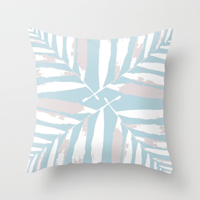 Geometric White on pale-blue light-grey autumn fall tropic pattern Palm leaves , society6 Throw Pillow