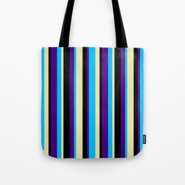 [ Thumbnail: Deep Sky Blue, Indigo, Black, and Pale Goldenrod Colored Pattern of Stripes Tote Bag ]