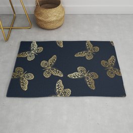 Exotic Butterfly Art on Navy and Gold Area & Throw Rug