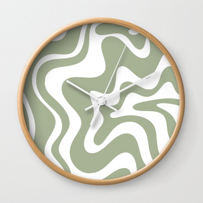 Liquid Swirl Abstract Pattern in Sage Green and White Wall Clock