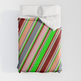 [ Thumbnail: Eye-catching Slate Gray, Pink, Lime, Maroon & Light Salmon Colored Striped Pattern Duvet Cover ]