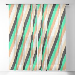 [ Thumbnail: Eye-catching Green, Brown, Mint Cream, Tan, and Black Colored Lines/Stripes Pattern Sheer Curtain ]
