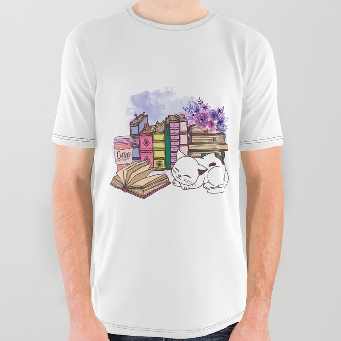 Books Cats Coffee Illustration All Over Graphic Tee