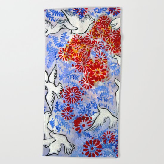 Floral Doves Beach Towel