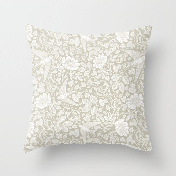 Vintage Elegant White Ivory Cream Swallows Floral Throw Pillow