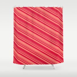 [ Thumbnail: Salmon & Crimson Colored Striped/Lined Pattern Shower Curtain ]