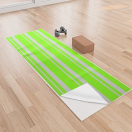 [ Thumbnail: Green and Light Grey Colored Pattern of Stripes Yoga Towel ]
