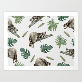 Watercolor pattern with cute raccoon and tropical leaves Art Print
