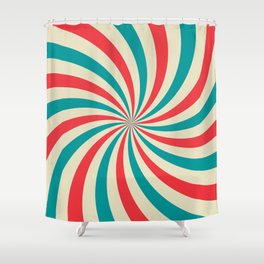 Retro background with curved, rays or stripes in the center. Rotating, spiral stripes. Sunburst or sun burst retro background. Turquoise and red colors. Vintage illustration Shower Curtain