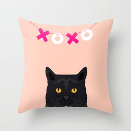 Black Cat - XOXO - hearts valentines, pink, girly, pet, cat lady, trendy girl for valentines card Throw Pillow
