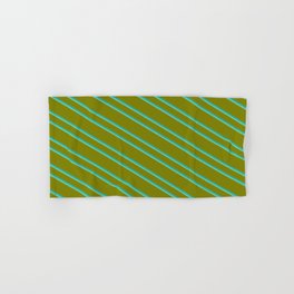 [ Thumbnail: Green, Light Sea Green, and Aquamarine Colored Striped Pattern Hand & Bath Towel ]