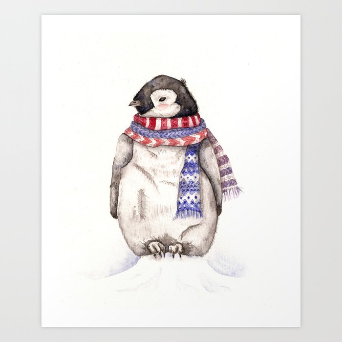 Baby Penguin in Red and Blue Scarf. Winter Season Art Print