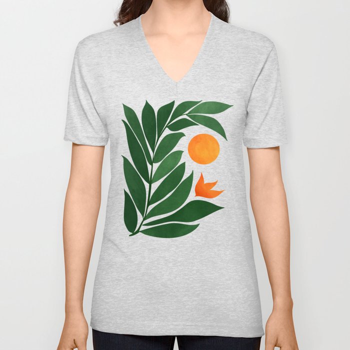 Tropical Forest Sunset / Mid Century Abstract Shapes V Neck T Shirt