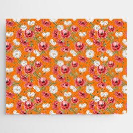Daisy and Poppy Seamless Pattern on Orange Background Jigsaw Puzzle