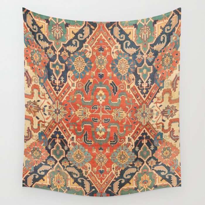 Geometric Leaves VII // 18th Century Distressed Red Blue Green Colorful Ornate Accent Rug Pattern Wall Tapestry