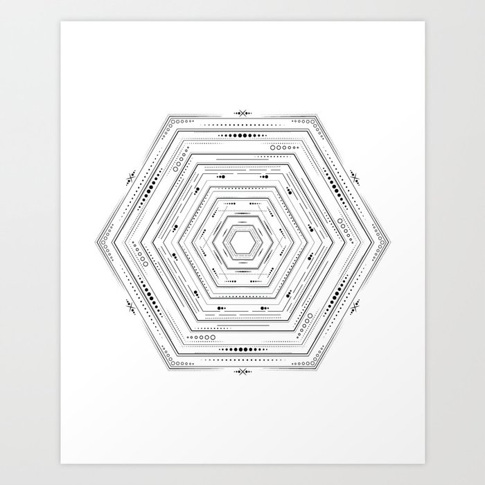 Detailed Black And White Geometric Hexagon Art With Tribal Elements Art Print By Geometriceyedesign Society6